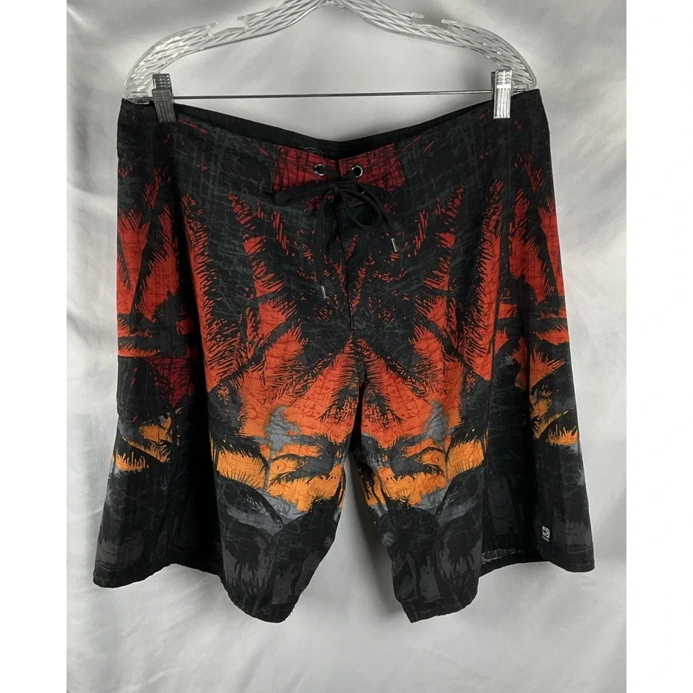 Distortion Men's Size‎ XL Black Orange Americana Palm Sunset Swim Board Shorts